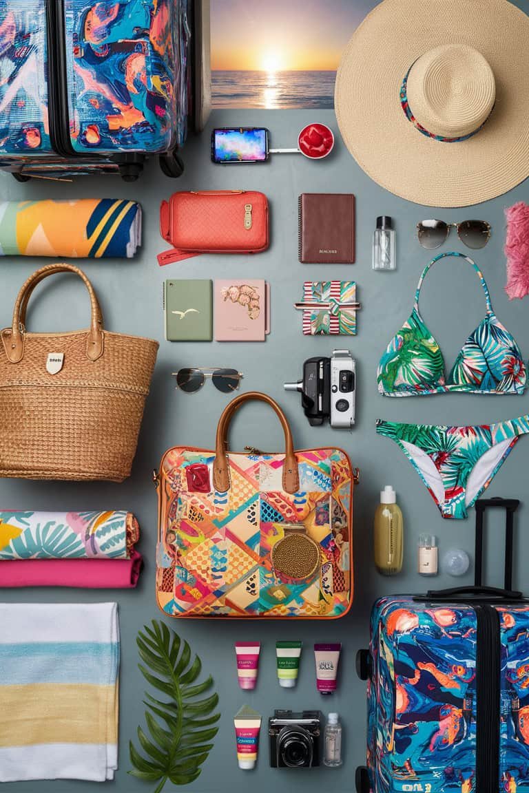 Colorful summer travel essentials arranged flat lay, including beach bags, sunglasses, swimwear, sunscreen, and accessories, perfect for a beach getaway.