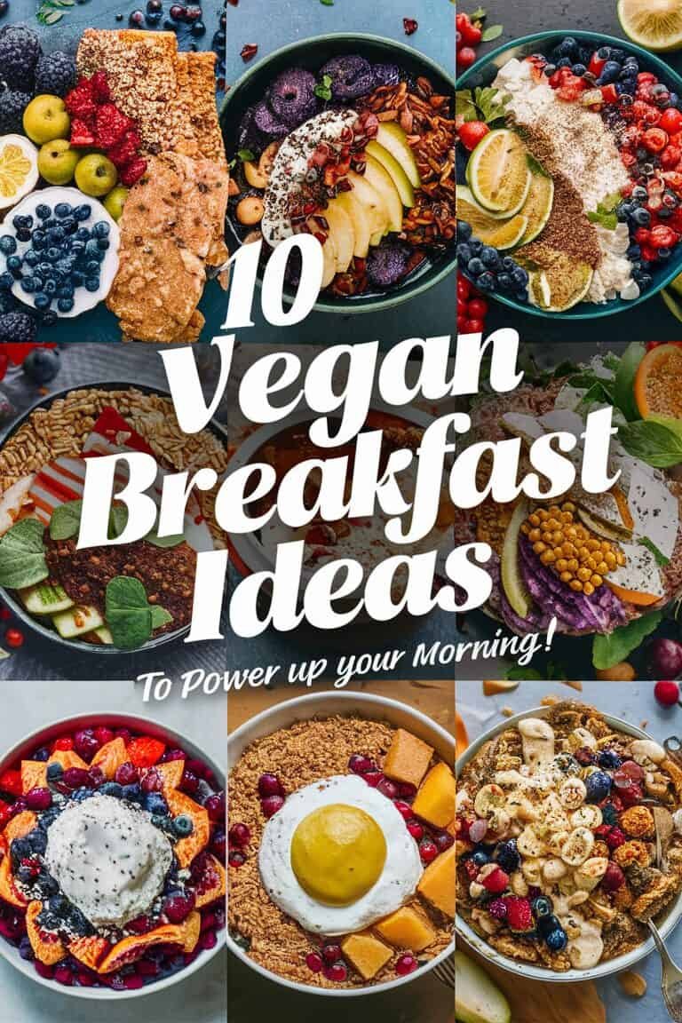 A colorful assortment of 10 vegan breakfast ideas, featuring fruit bowls, smoothies, oatmeal, and granola, designed to energize your morning.