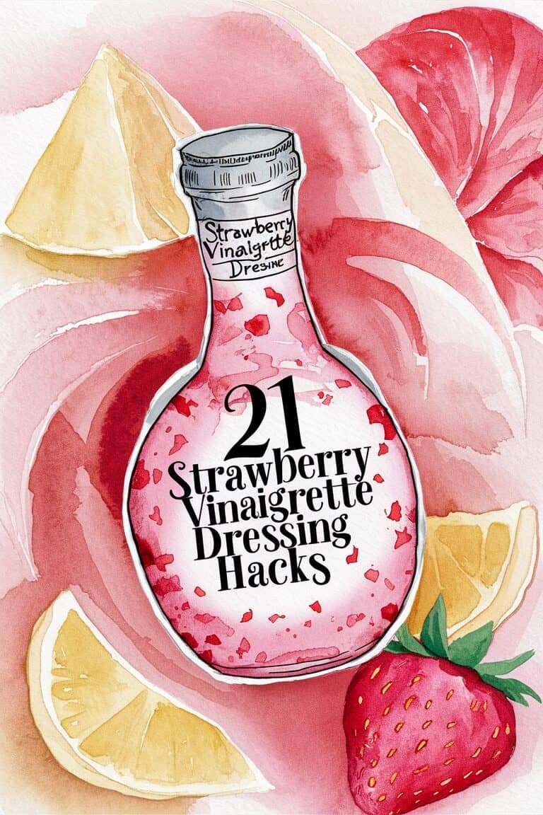 Bottle of strawberry vinaigrette with text "21 Strawberry Vinaigrette Dressing Hacks" surrounded by fresh strawberries and lemon slices, highlighting creative uses for strawberry vinaigrette in cooking and salad preparation.