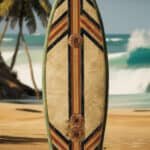 Vintage surfboard with colorful stripes standing on a sandy beach, with palm trees and ocean waves in the background.