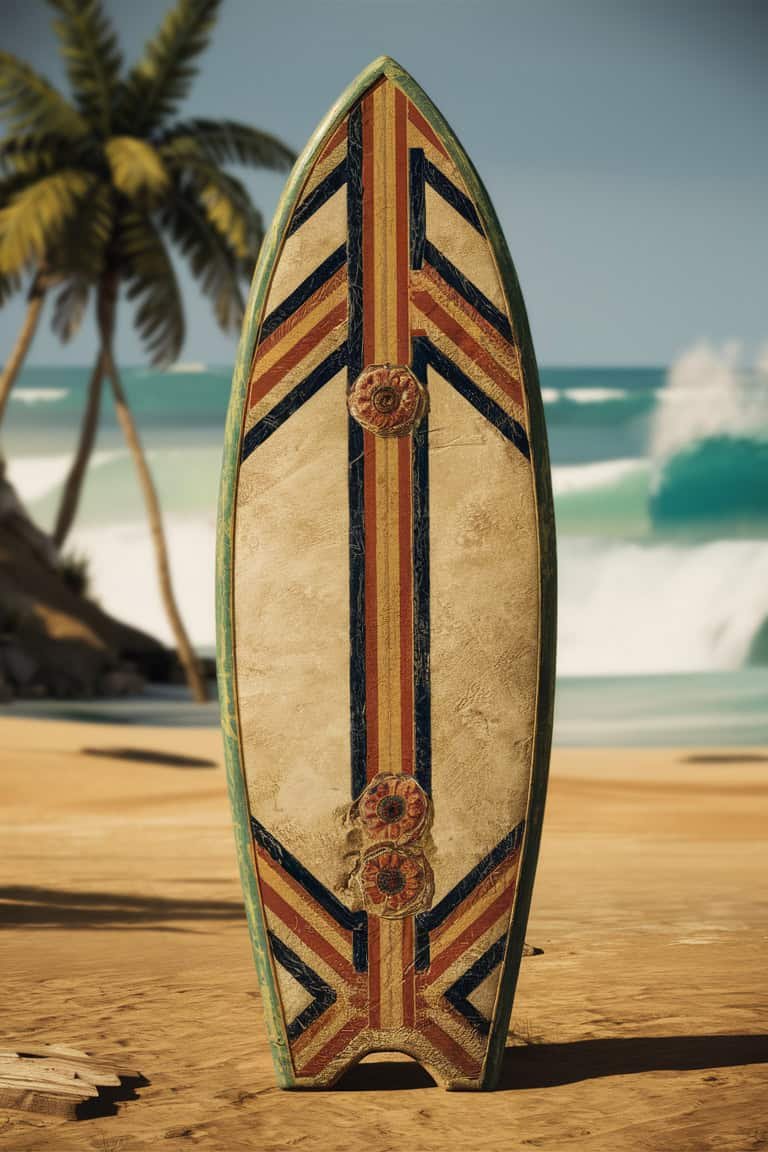 Vintage surfboard with colorful stripes standing on a sandy beach, with palm trees and ocean waves in the background.