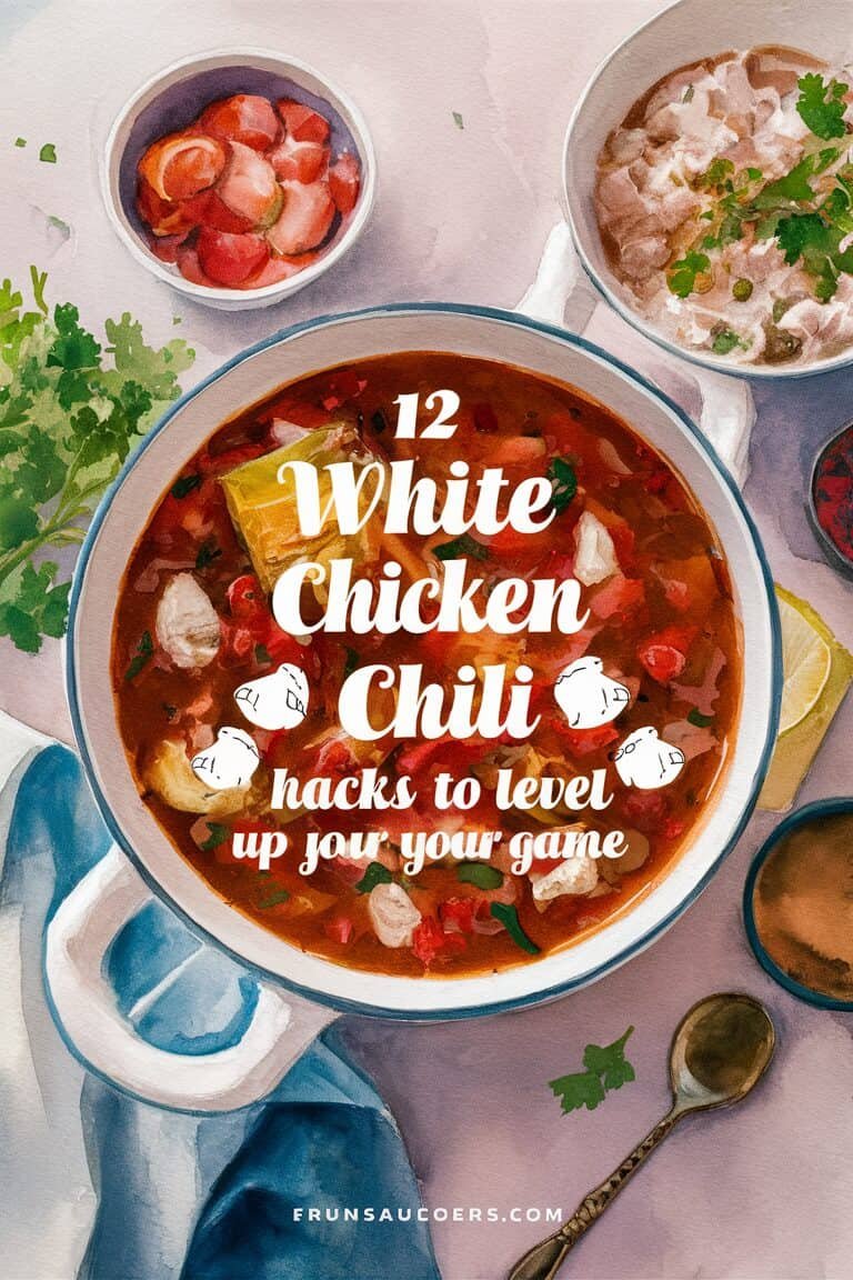 A colorful bowl of white chicken chili surrounded by various ingredients, with text overlay highlighting "12 White Chicken Chili Hacks to Level Up Your Game."