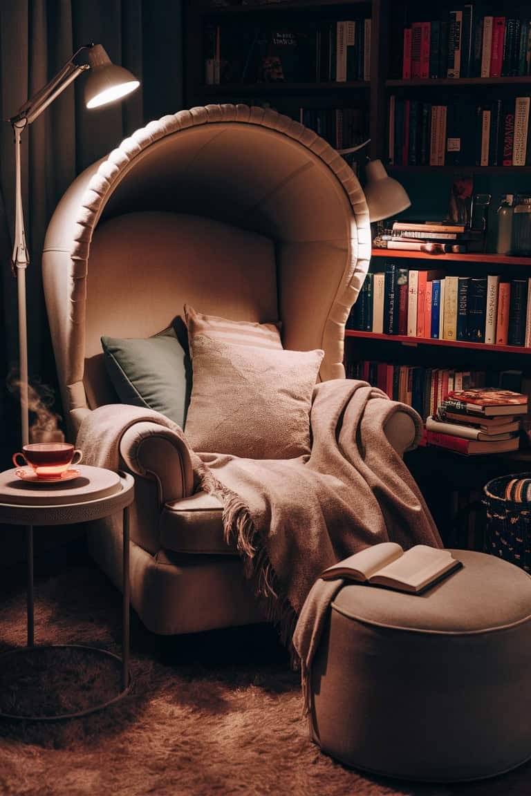 Cozy reading nook featuring a plush armchair with a high back, adorned with soft pillows and a warm blanket, beside a modern side table. In the background, a well-stocked bookshelf adds to the inviting atmosphere.