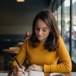 Young woman in a yellow sweater writing in a notebook at a café, with a cup of coffee on the table, surrounded by large windows and a cozy atmosphere.