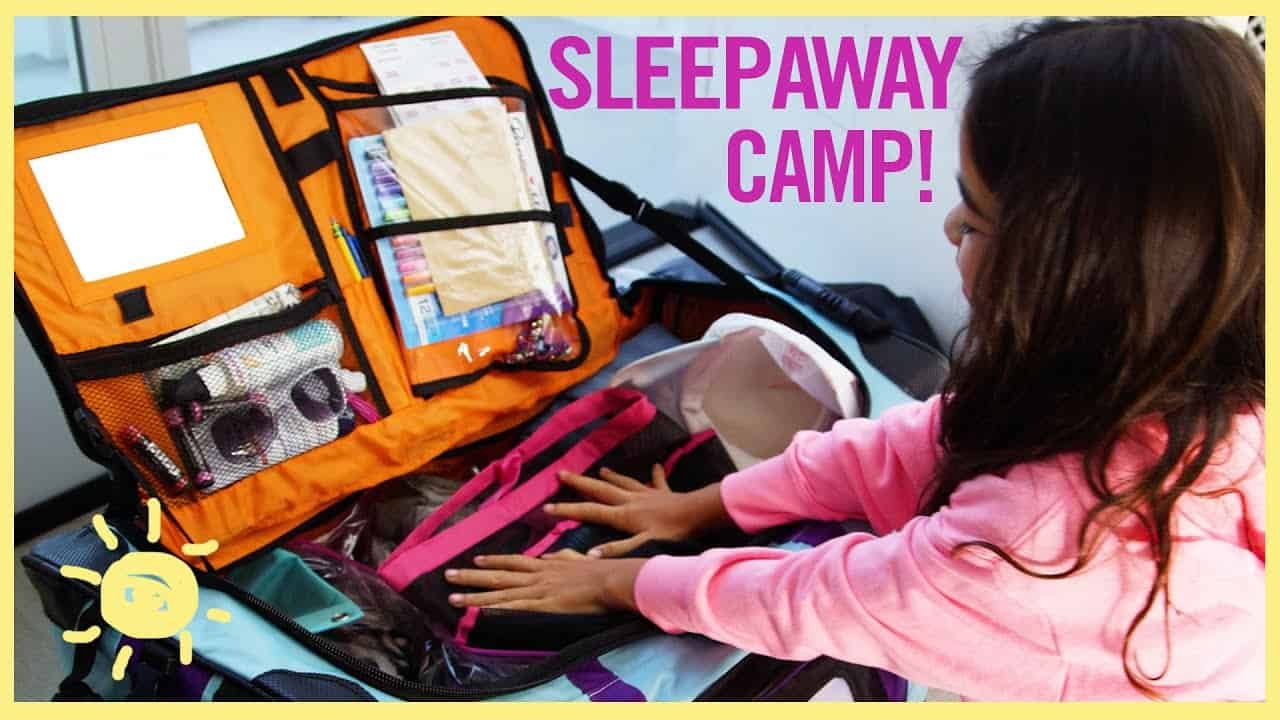 Child packing for sleepaway camp, organizing items in a bright orange bag with various compartments, highlighting essential camp supplies.