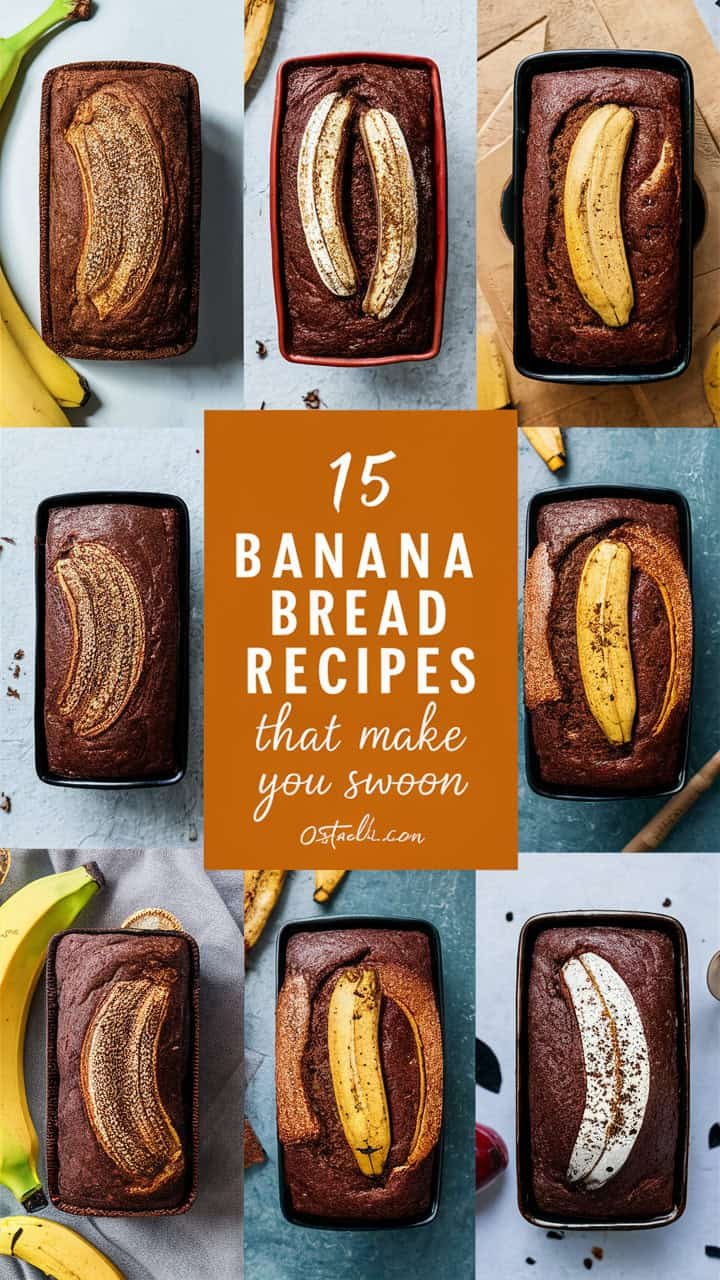 A flat lay of various banana bread loaves, showcasing 15 delicious banana bread recipes, with ripe bananas and a vibrant orange background featuring the text "15 Banana Bread Recipes That Make You Swoon."