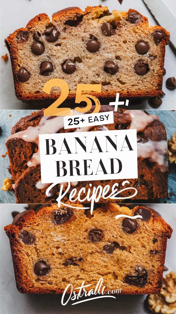 A collection of over 25 easy banana bread recipes featuring chocolate chips and drizzled icing, showcasing delicious homemade loaves.