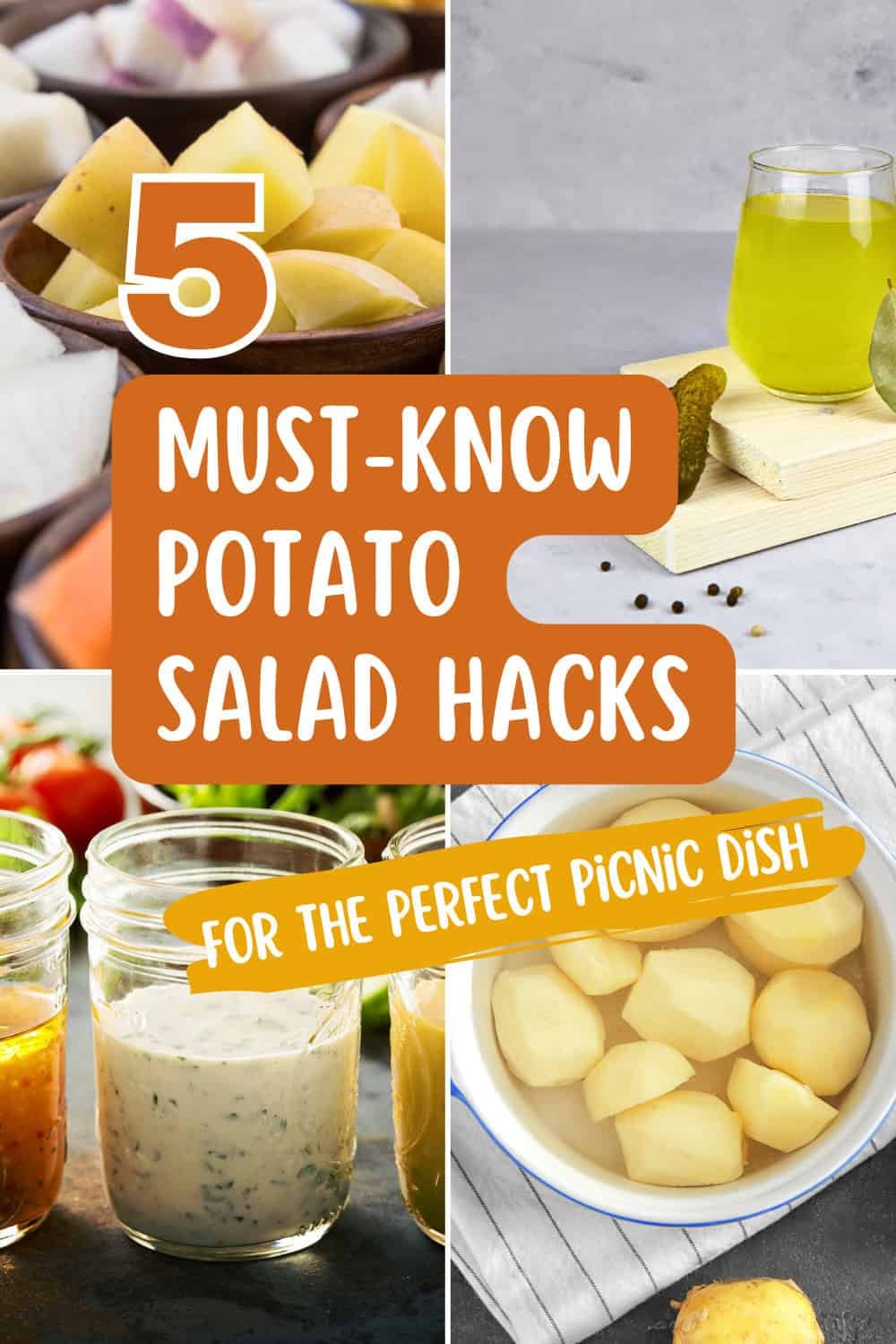 Image featuring the title "5 Must-Know Potato Salad Hacks" along with visuals of ingredients and preparation tips, emphasizing easy techniques for creating the perfect picnic dish.