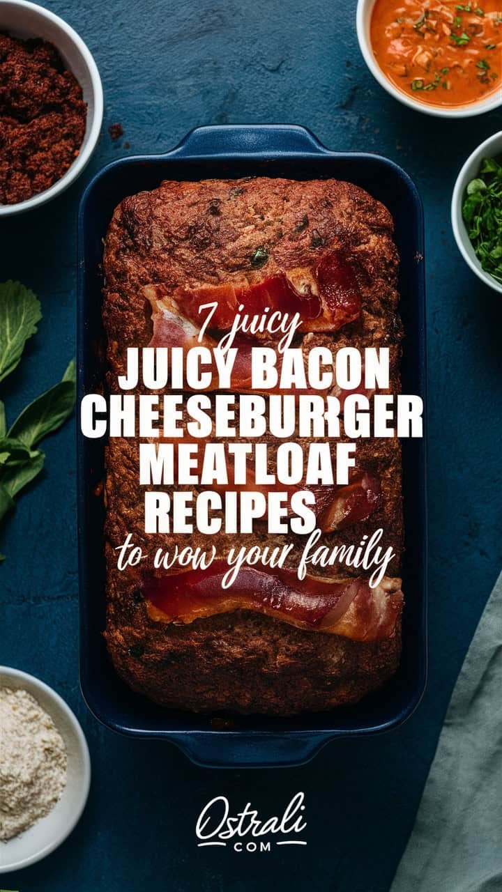 A delicious bacon cheeseburger meatloaf surrounded by fresh ingredients, showcasing seven mouthwatering recipes to impress your family.