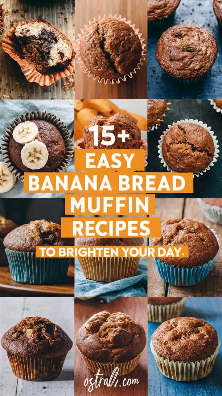 Collage of banana bread muffins with toppings, featuring the text "15+ Easy Banana Bread Muffin Recipes to Brighten Your Day," showcasing a variety of delicious muffin options for baking enthusiasts.