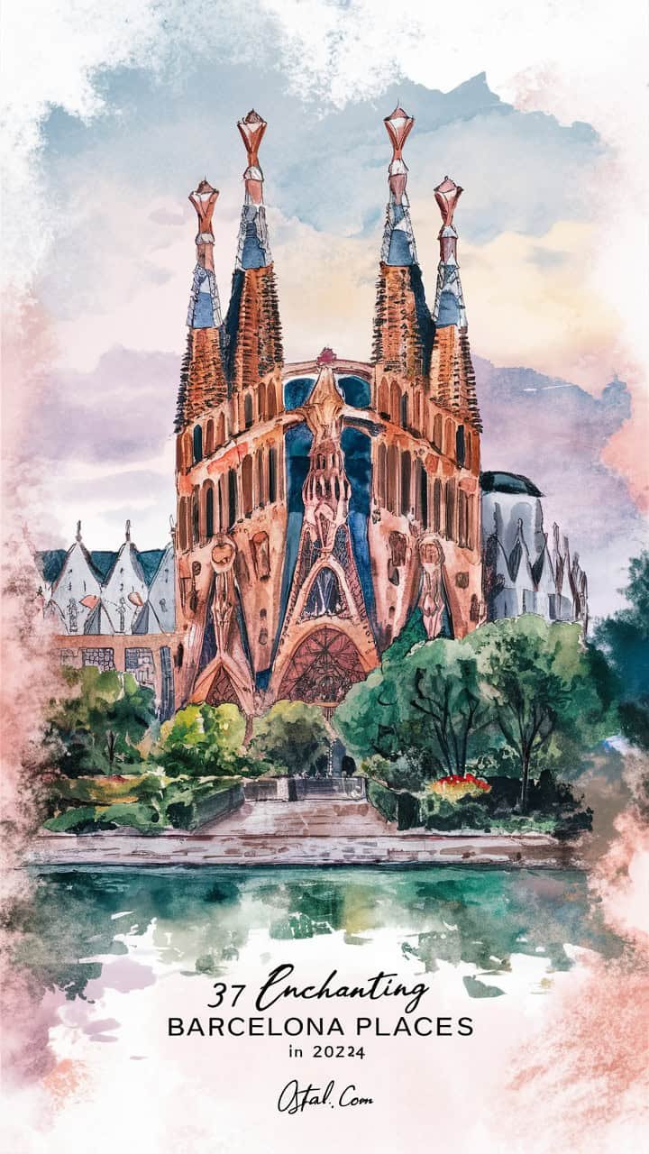 Watercolor painting of a stunning Gothic-style cathedral with intricate architectural details, surrounded by lush greenery and reflected in a tranquil body of water.