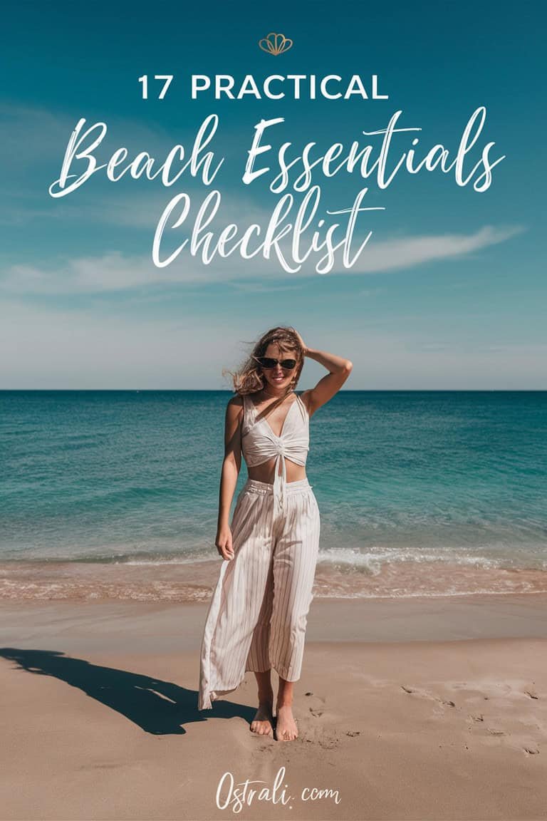 Woman in beach attire standing on sandy shore with ocean in background, featuring text overlay for "Beach Essentials Checklist."