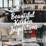 Collage of four stylish kitchen designs showcasing modern aesthetics, featuring dark cabinetry, elegant countertops, and creative decor ideas for home inspiration.