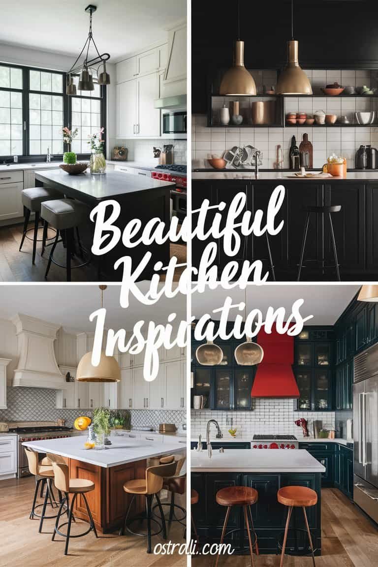 Collage of four stylish kitchen designs showcasing modern aesthetics, featuring dark cabinetry, elegant countertops, and creative decor ideas for home inspiration.