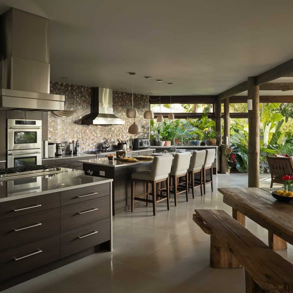 Modern kitchen with wooden accents, featuring stainless steel appliances, a spacious island, and a dining area with bar stools, surrounded by greenery.