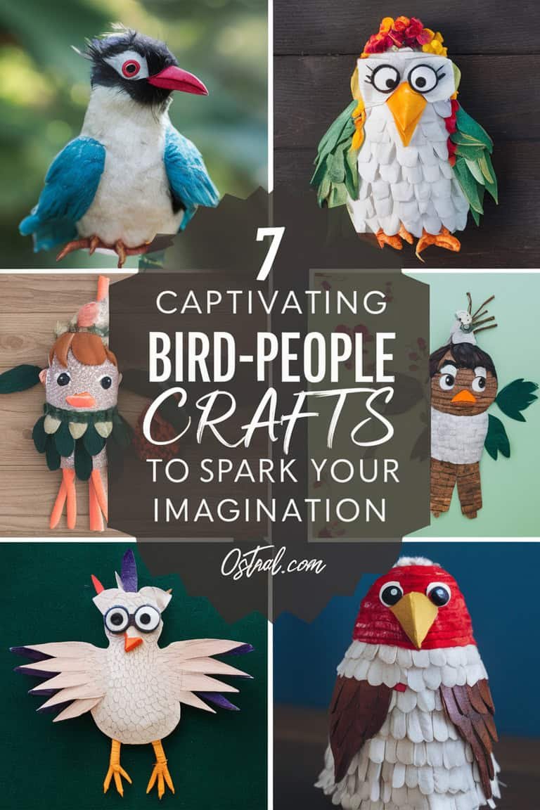 Colorful collection of bird-people crafts featuring various handmade characters, showcasing creativity and imagination. Title highlights "7 Captivating Bird-People Crafts" for inspiration.