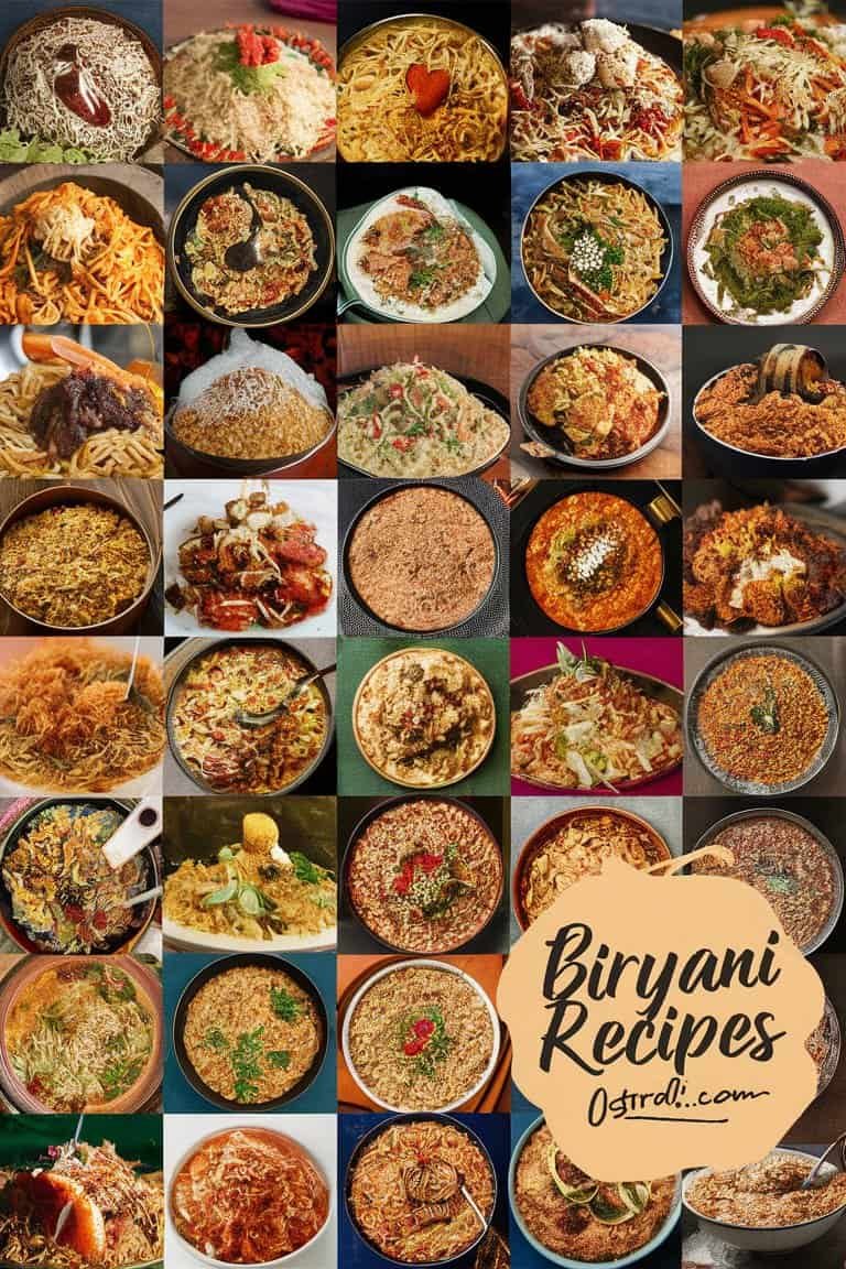 A collage of various biryani dishes showcasing different styles and ingredients, with the text "Biryani Recipes" prominently displayed at the bottom.