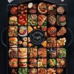 A visually appealing collage of various grilled and barbecued dishes, featuring meats, vegetables, and sides, arranged in a grid pattern on a black background.