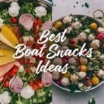 Colorful assortment of fresh ingredients and snacks arranged in bowls, featuring fruits, vegetables, and bite-sized treats, with text overlay reading "Best Boat Snacks Ideas." Ideal for boating trips and outdoor gatherings.