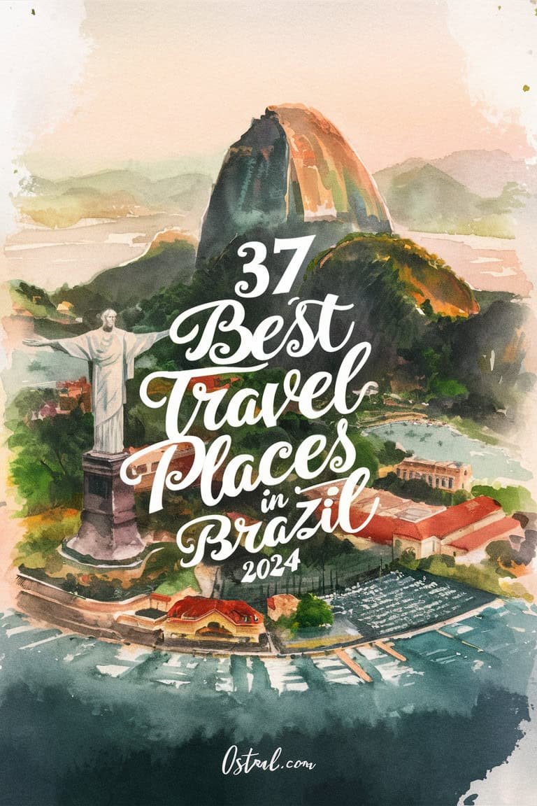 Illustration showcasing the top 37 travel destinations in Brazil for 2024, featuring iconic landmarks such as Christ the Redeemer and Sugarloaf Mountain, with vibrant colors and a scenic landscape.