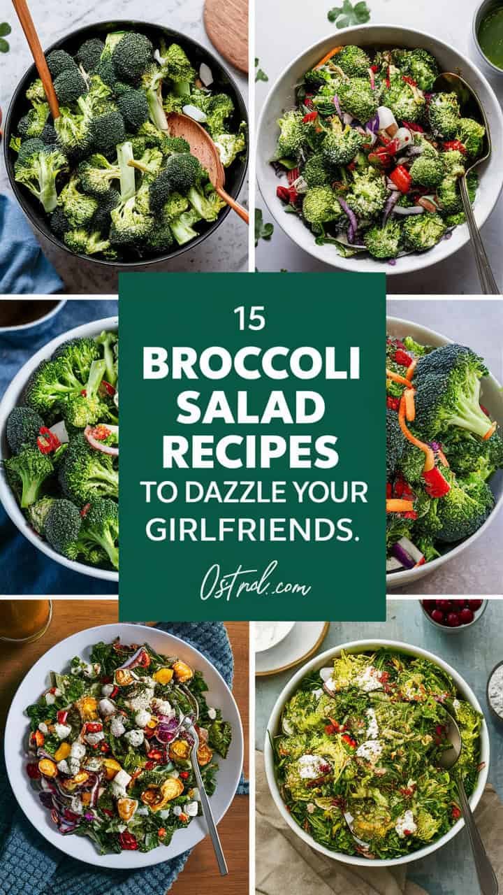 Collage of vibrant broccoli salad dishes showcasing 15 unique recipes designed to impress friends, featuring fresh ingredients and colorful presentations.