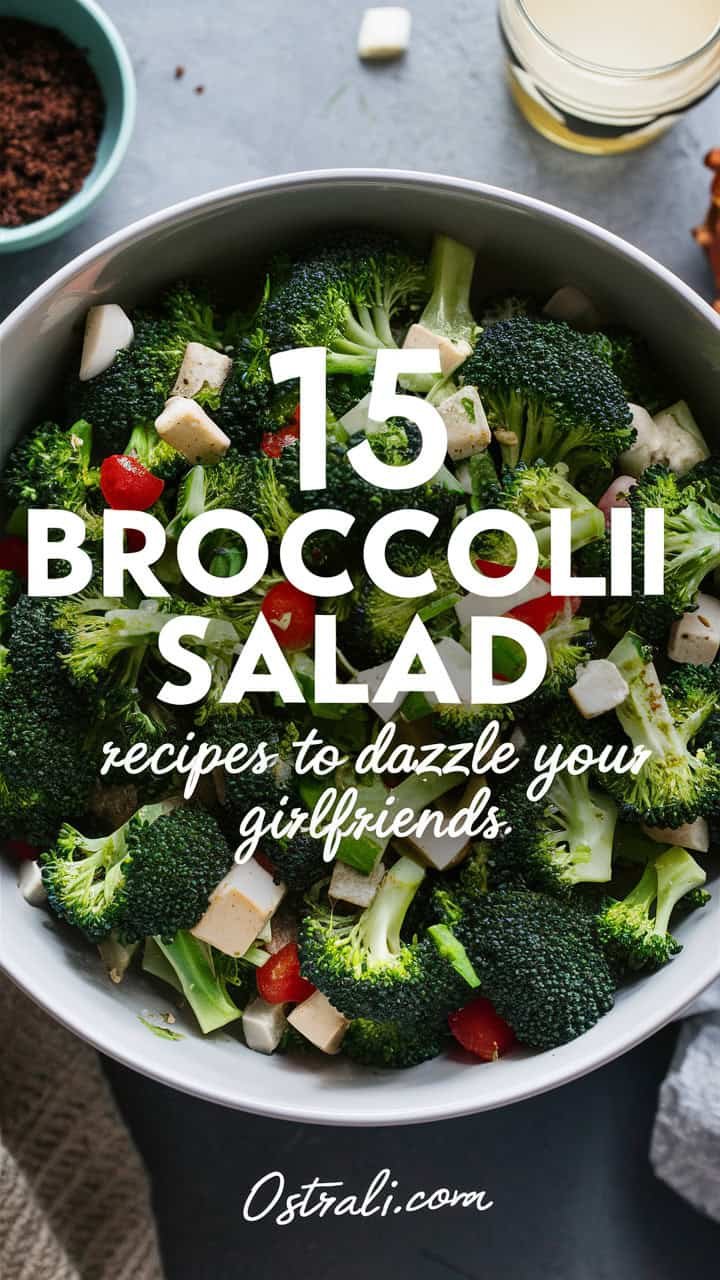 Colorful broccoli salad featuring fresh vegetables and cheese, with text overlay promoting "15 Broccoli Salad Recipes to Dazzle Your Girlfriends." Ideal for healthy meal ideas and entertaining.