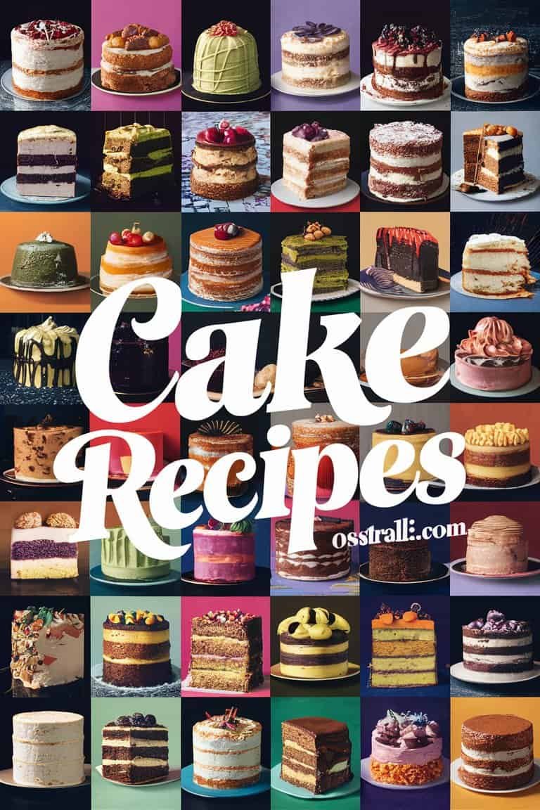 A vibrant collage of various cake recipes featuring an assortment of beautifully decorated cakes, showcasing different flavors and designs. Ideal for baking enthusiasts looking for inspiration.