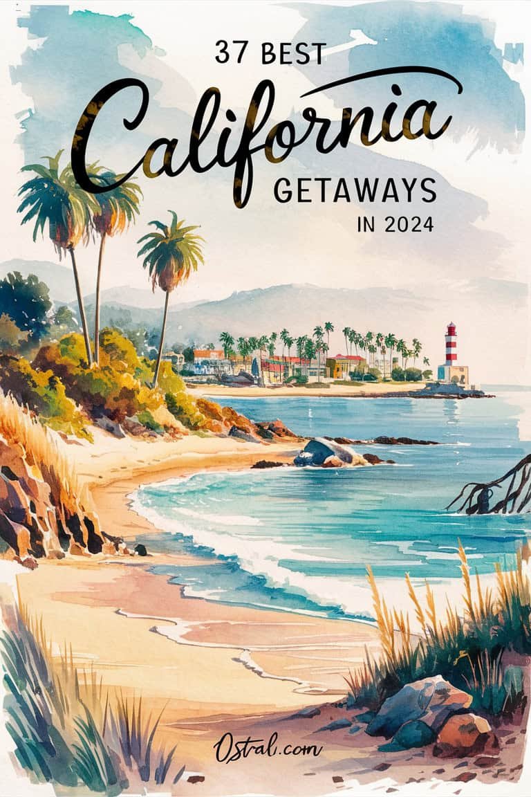 A scenic California beach landscape featuring palm trees, gentle waves, and a distant lighthouse, promoting California getaways in 2024.