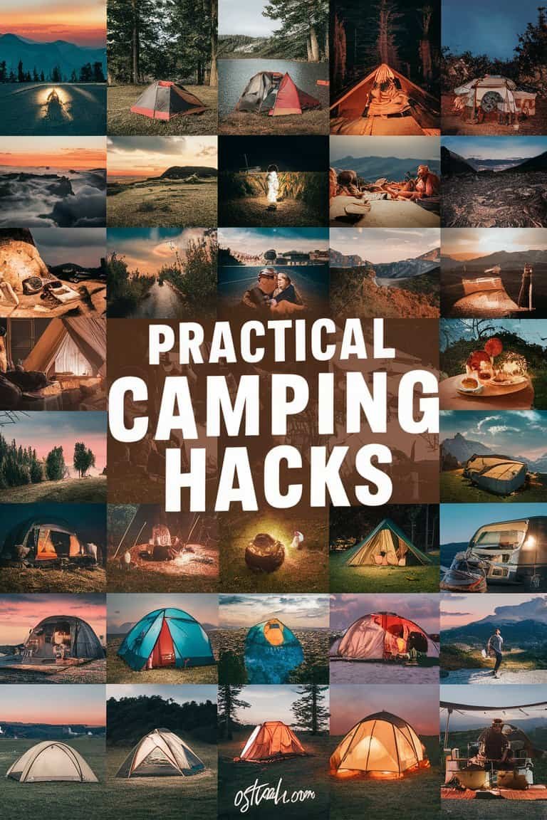 Collage of various camping scenes showcasing practical camping hacks, including tent setups, cooking tips, and outdoor activities, with the text "Practical Camping Hacks" prominently displayed.