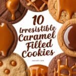 A variety of cookies with caramel filling, featuring different textures and toppings, surrounded by the text "10 Irresistible Caramel Filled Cookies."