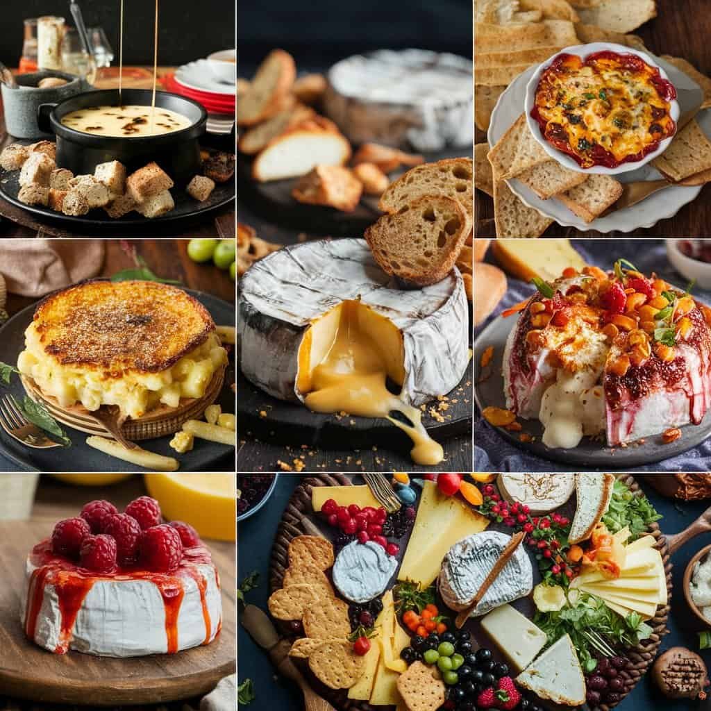 A collage of gourmet cheese dishes featuring baked brie topped with fruit, savory cheese spreads, and an assortment of crackers, fruits, and nuts, perfect for entertaining or a cheese platter.