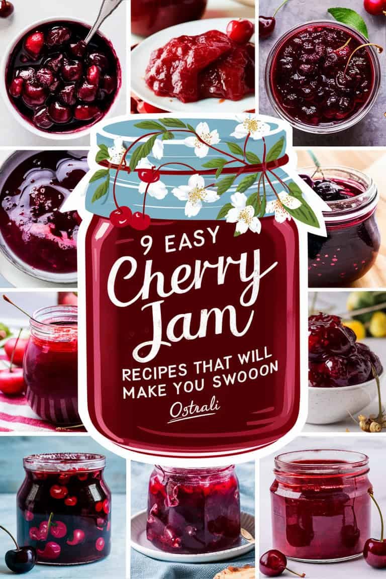 Image of a jar of cherry jam surrounded by various cherry jam recipes. The jar features a decorative lid with flowers, and the text highlights "9 Easy Cherry Jam Recipes That Will Make You Swoon." Ideal for showcasing homemade preserves and jam-making ideas.