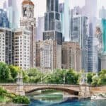 Cityscape featuring a picturesque bridge over a river, surrounded by modern skyscrapers and lush greenery in an urban setting.