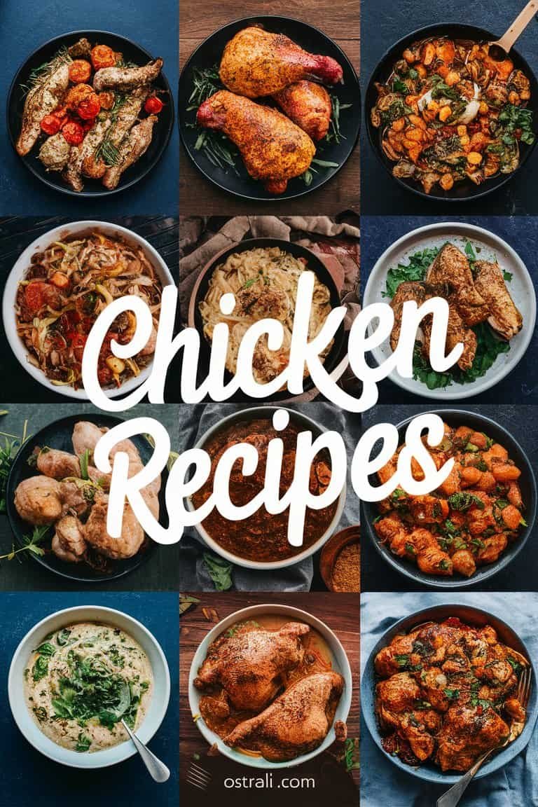 A vibrant collage of various chicken dishes, showcasing a variety of recipes including stir-fried chicken, roasted chicken, and chicken curry, with the text "Chicken Recipes" prominently displayed in the center.