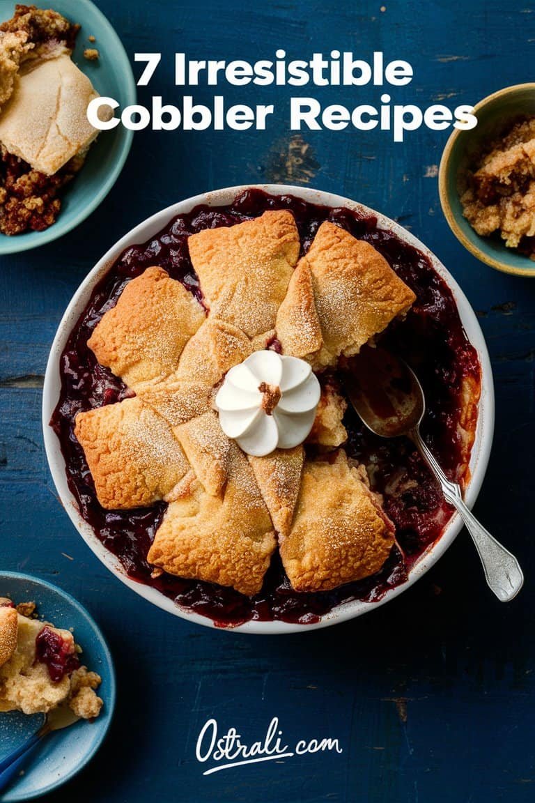 Delicious berry cobbler topped with golden pastry, served in a round dish with whipped cream and a spoon, surrounded by small bowls of dessert.