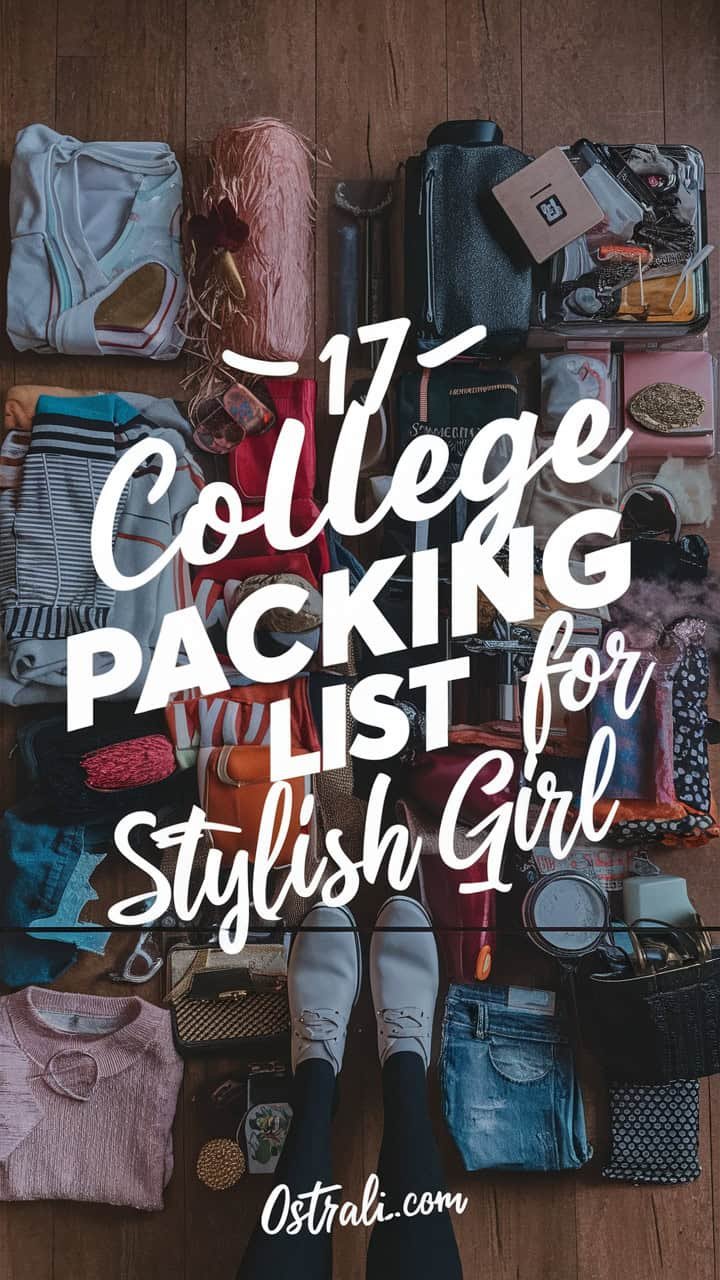 Image featuring a colorful assortment of clothing and accessories with the text "17 College Packing List for Stylish Girl," highlighting essential items for fashionable college students.