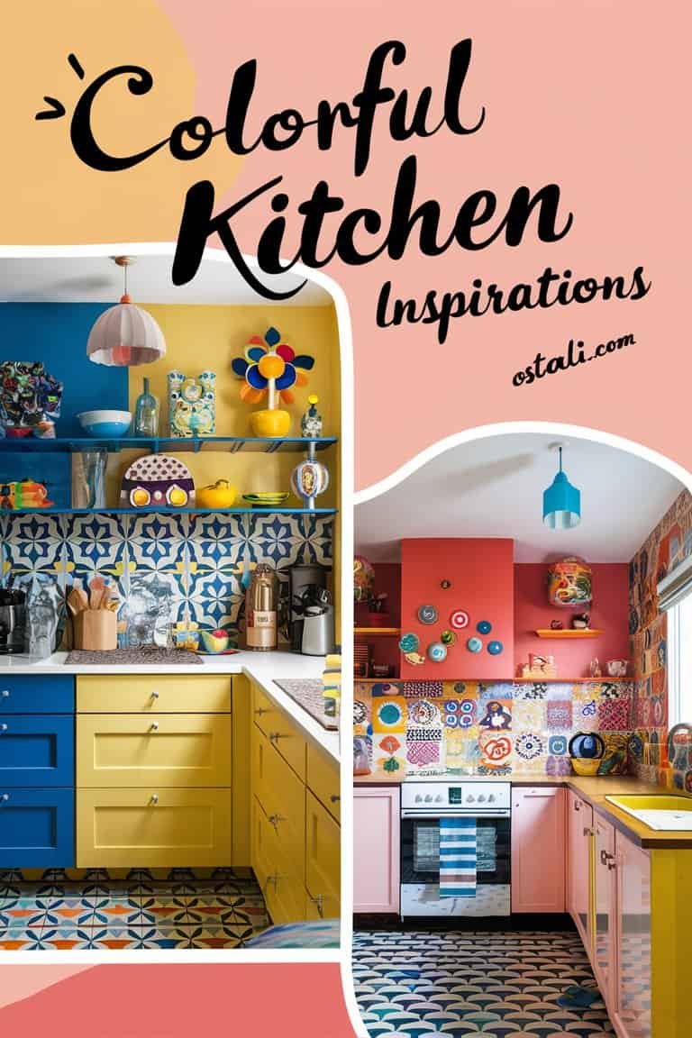 Colorful kitchen design inspirations featuring vibrant blue and yellow cabinetry, decorative tiles, and playful decor elements. Ideal for modern home renovation ideas.