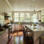 Bright and modern kitchen featuring white cabinetry, a large central island with seating, stainless steel appliances, and ample natural light from large windows.