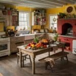 Cozy farmhouse kitchen featuring a rustic wooden dining table adorned with fresh fruits, bright yellow walls, vintage cabinetry, and a red oven, creating a warm and inviting atmosphere.