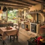 Cozy rustic kitchen interior featuring wooden beams, a farmhouse table with checkered tablecloth, and large windows overlooking a garden. Equipped with modern appliances and decorated with fresh vegetables, creating a warm and inviting atmosphere.