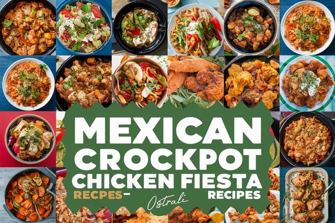 A collection of delicious Mexican Crockpot chicken recipes featuring vibrant dishes, including chicken fajitas, enchiladas, and tacos, with a festive theme.