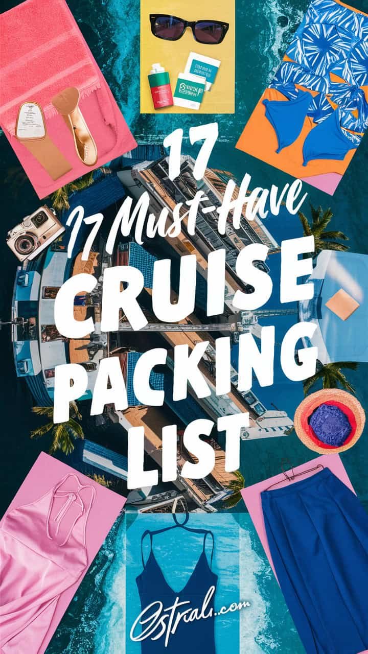 Colorful graphic featuring the text "17 Must-Have Cruise Packing List" surrounded by travel-related items like a camera, beach accessories, and packing materials, designed to attract cruise travelers looking for essential packing tips.