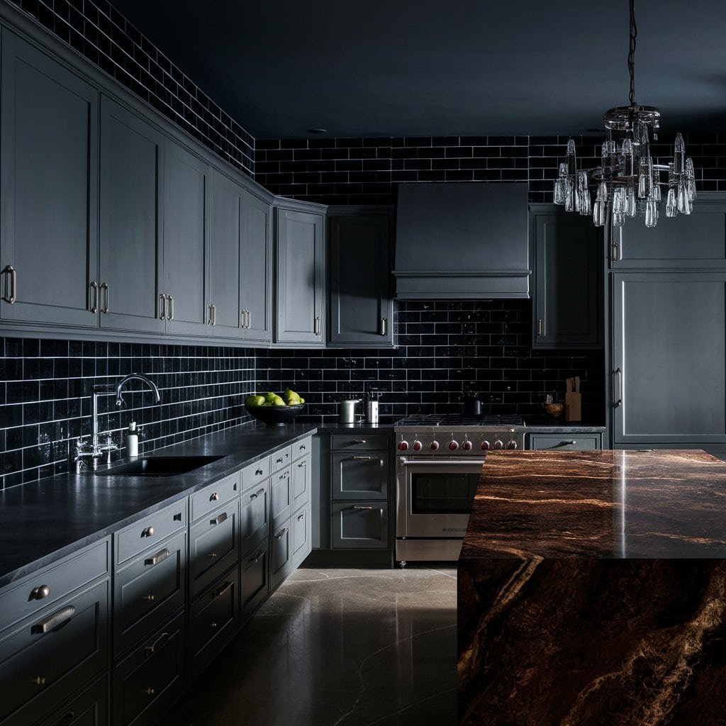 Modern kitchen interior featuring dark cabinetry, glossy black tile backsplash, and a striking wooden countertop illuminated by pendant lighting.