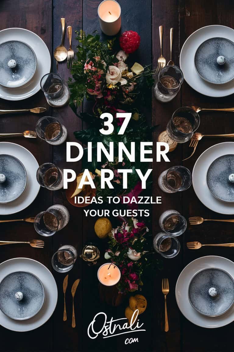 Overhead view of a beautifully set dinner party table featuring elegant dishware, glassware, and decorative elements, with the text "37 Dinner Party Ideas to Dazzle Your Guests" prominently displayed.