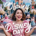 A joyful woman in a pink dress smiles and poses with her arms outstretched, surrounded by Disney characters and a colorful theme park backdrop, promoting fun Disney day ideas.