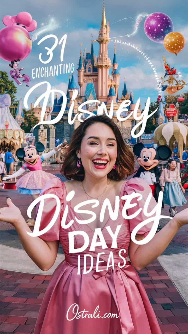 A joyful woman in a pink dress smiles and poses with her arms outstretched, surrounded by Disney characters and a colorful theme park backdrop, promoting fun Disney day ideas.