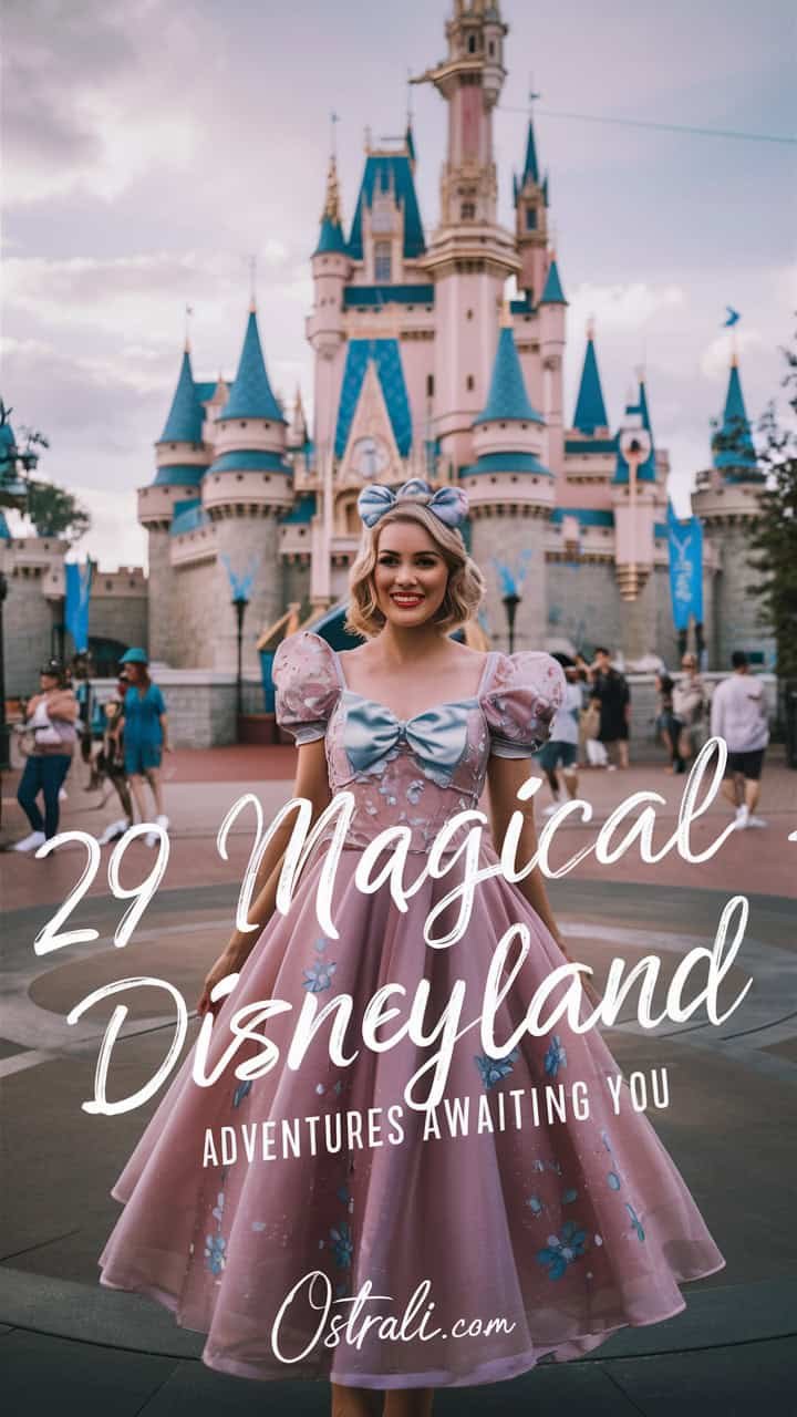 Woman in a pink princess dress standing in front of Disneyland castle, surrounded by visitors, with a focus on the enchanting atmosphere of the theme park.