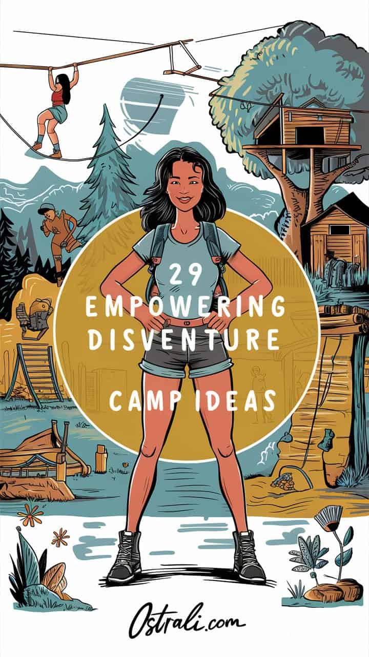 Illustration of a confident girl standing in front of a scenic outdoor background, featuring mountains and a cabin, with the text "29 Empowering Disventure Camp Ideas" prominently displayed.