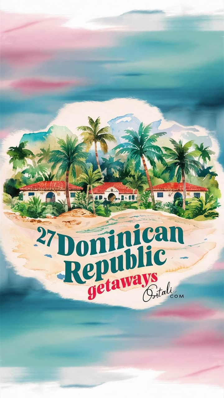 Colorful illustration of tropical villas surrounded by palm trees, promoting 27 getaway options in the Dominican Republic. Ideal for travel inspiration and vacation planning.