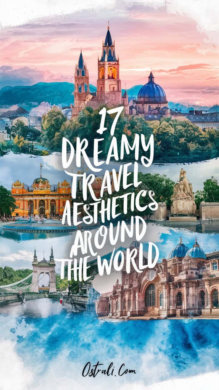 Collage of 17 stunning travel aesthetics from around the world, featuring iconic landmarks and picturesque landscapes that inspire wanderlust.